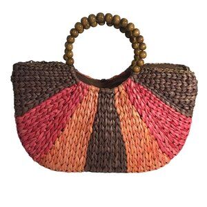 Giannetti Woven Handbag Cornhusk Wooden Beaded Handles Multicolor Stripes Lined